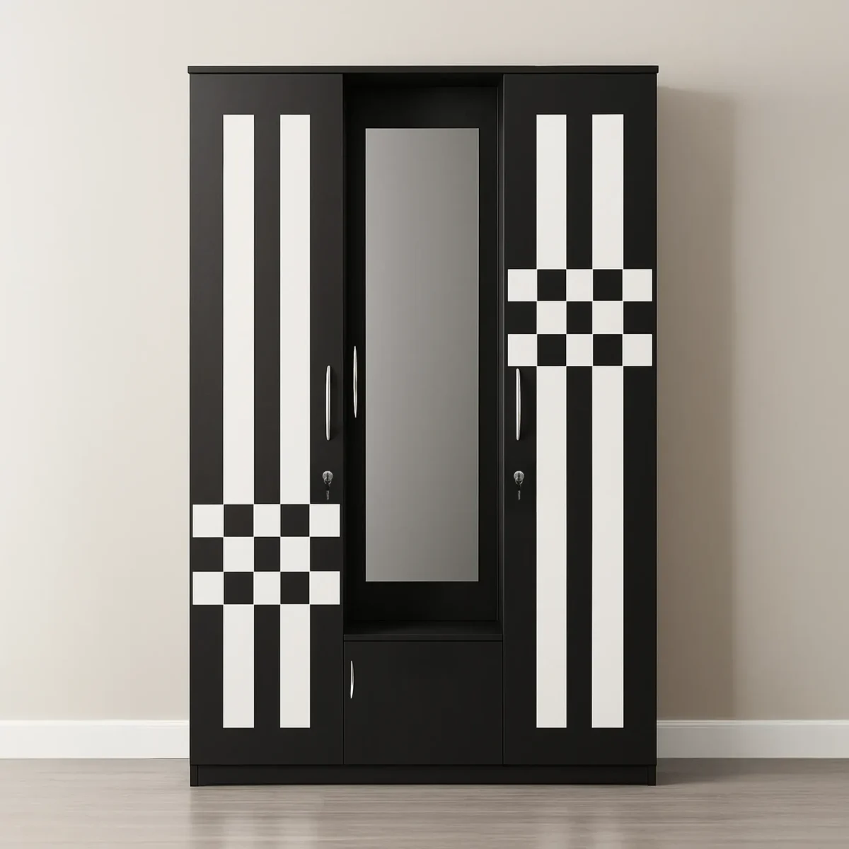 Checkmate Mirror 3-Door Wardrobe with Showcase Cabinet – Matte Black & White