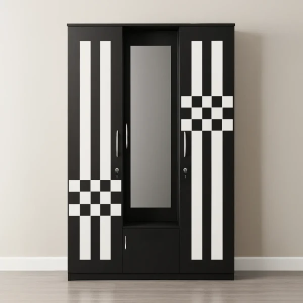 Checkmate Mirror 3-Door Wardrobe with Showcase Cabinet – Matte Black & White