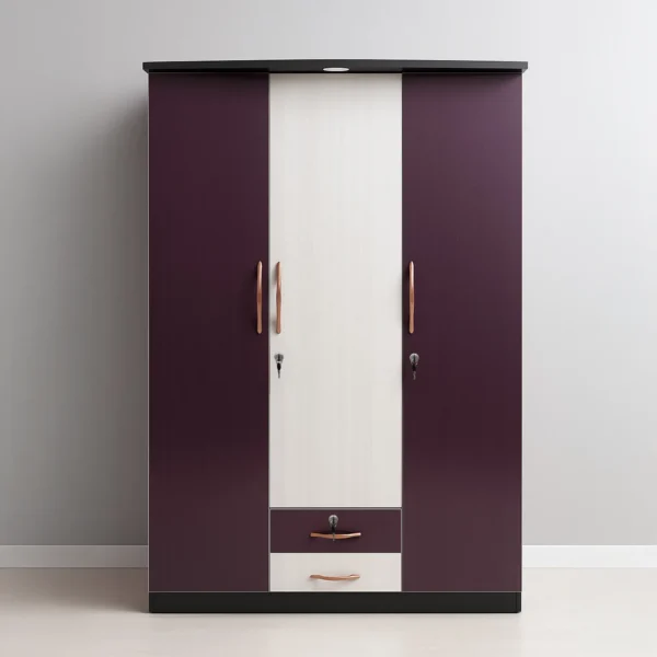 Aubergine DuoTone 3-Door Wardrobe with Center Panel & Dual Drawers – Plum & Ivory