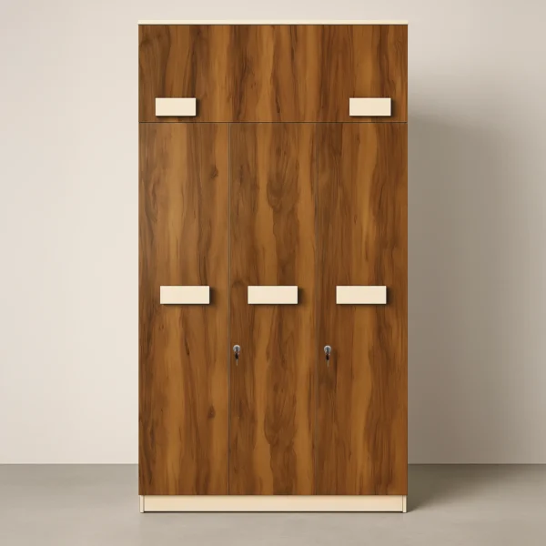 Aurora Loft Block 3-Door Wardrobe with Locks – Honey Teak & Ivory