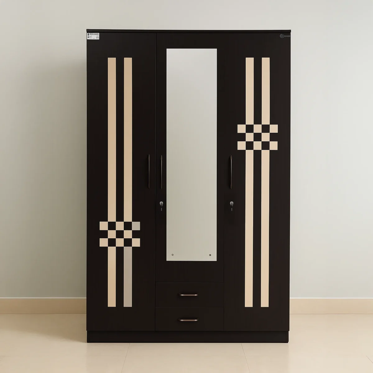 Berlin Checkline Mirror 3-Door Wardrobe with Dual Drawers – Espresso & Ivory