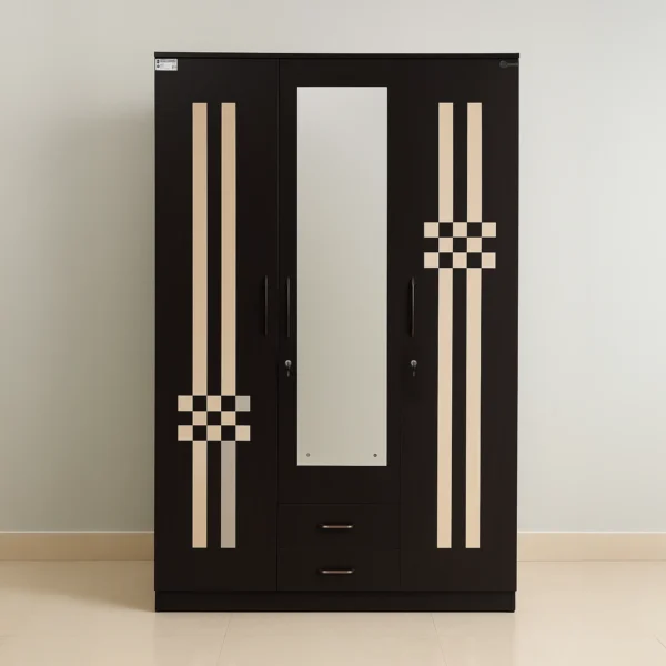 Berlin Checkline Mirror 3-Door Wardrobe with Dual Drawers – Espresso & Ivory