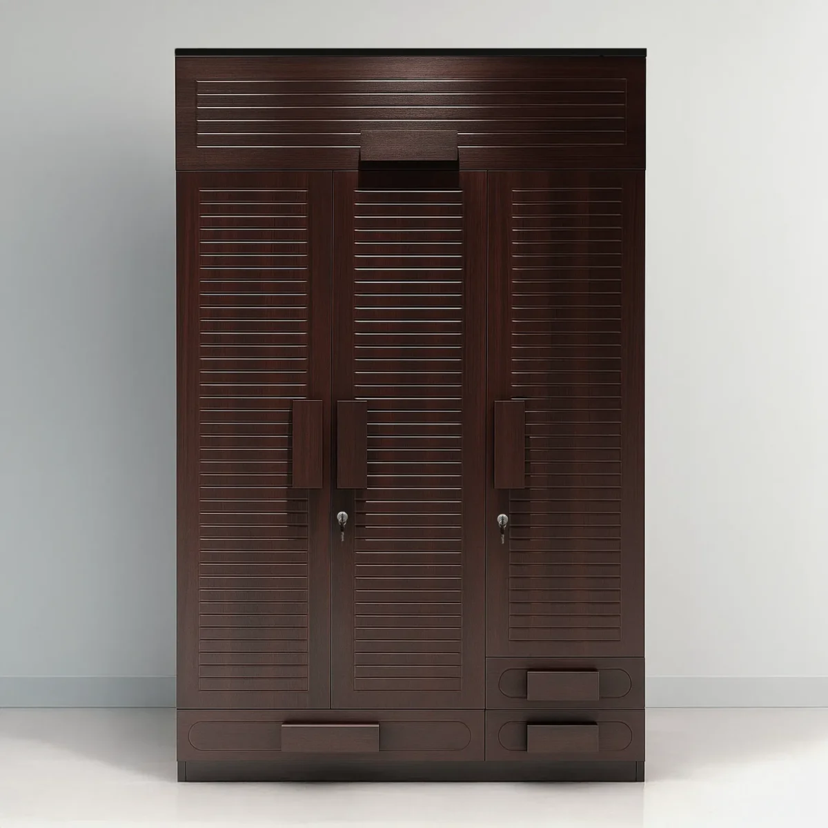 Bordeaux Louver Loft 3-Door Wardrobe with Bottom Drawers – Dark Walnut