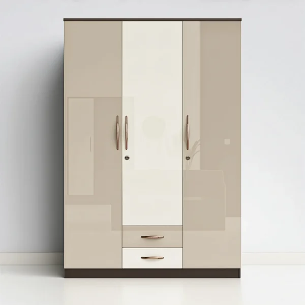 Capri High-Gloss 3-Door Wardrobe with Dual Drawers – Mocha Beige & Ivory