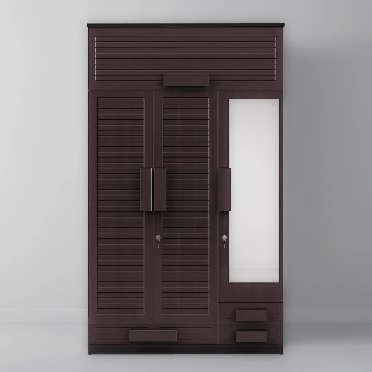 Geneva Louver Loft 3-Door Wardrobe with Side Mirror & Drawers – Deep Walnut