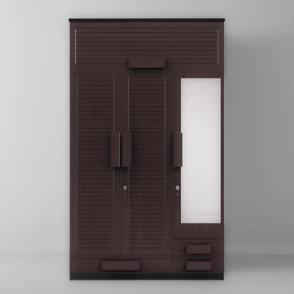 Geneva Louver Loft 3-Door Wardrobe with Side Mirror & Drawers – Deep Walnut