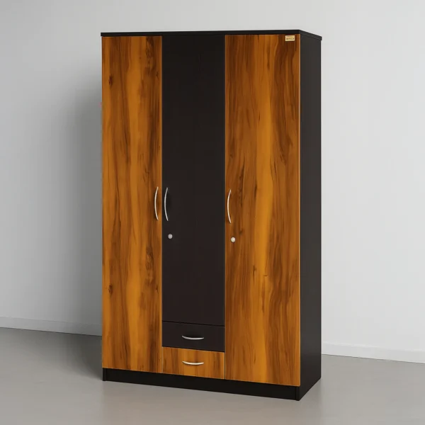 Lisbon Stripe 3-Door Wardrobe with Dual Drawers – Honey Teak & Espresso