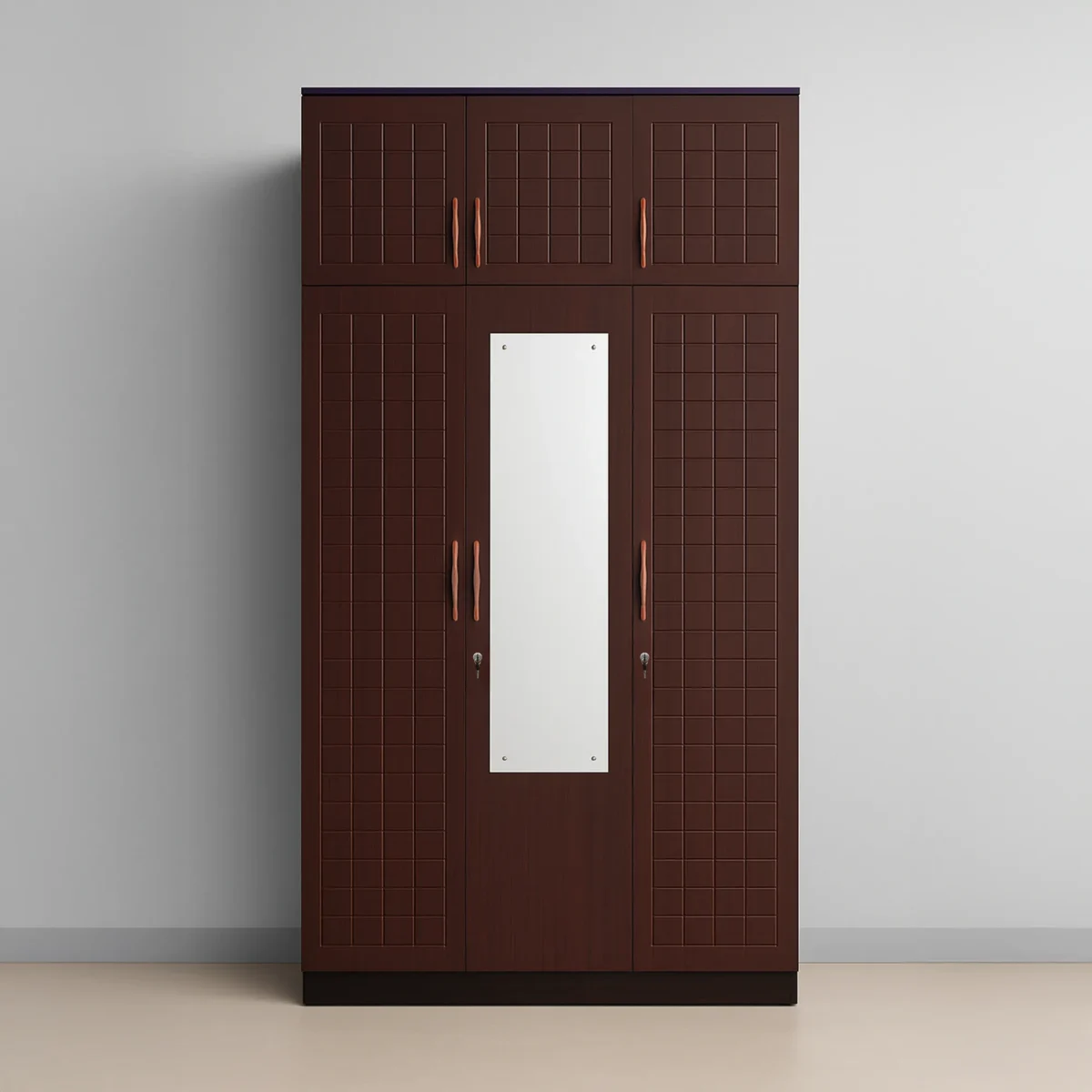Madrid Loft Grid 3-Door Wardrobe with Full Mirror – Coffee Wenge