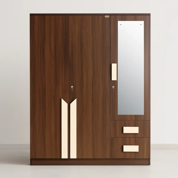 Modena Axis 3-Door Wardrobe with Side Mirror & External Drawers – Walnut & Ivory