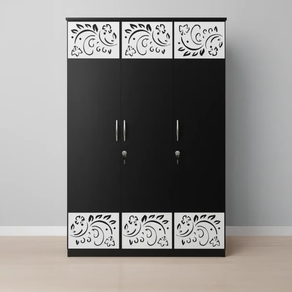 Noir Florale 3-Door Wardrobe with Locks – Matte Black & Ivory