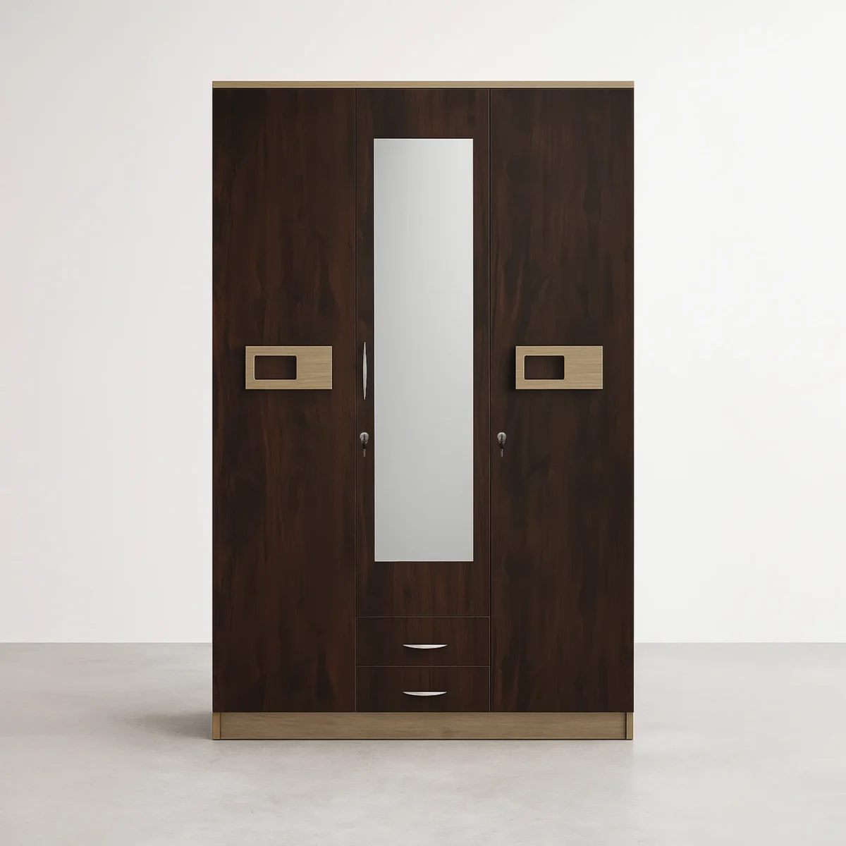Orion Accent Mirror 3-Door Wardrobe with Drawers – Dark Walnut & Champagne