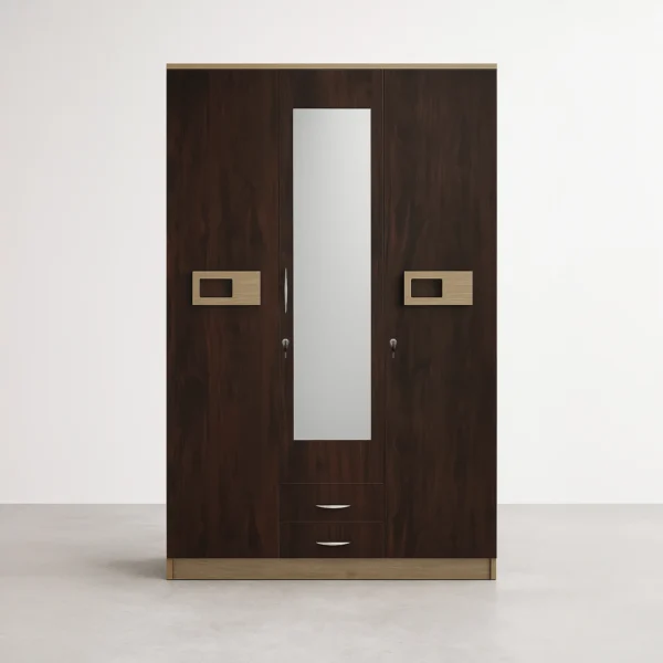 Orion Accent Mirror 3-Door Wardrobe with Drawers – Dark Walnut & Champagne