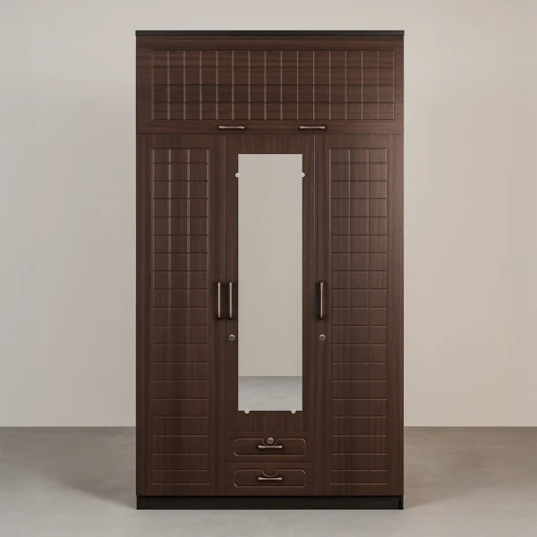 Oslo Grid 3-Door Wardrobe with Mirror & Loft Storage – Wenge Walnut