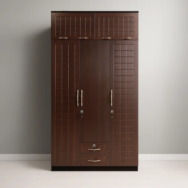 Savoy Loft Grid 3-Door Wardrobe with Dual Drawers – Coffee Wenge