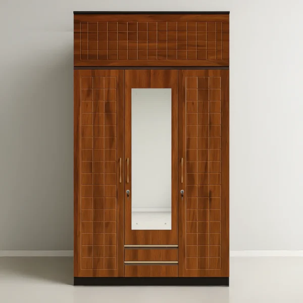 Seville Loft Grid 3-Door Wardrobe with Mirror & Drawers – Honey Teak