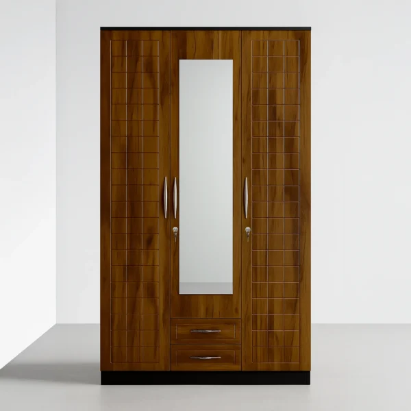 Siena Grid Mirror 3-Door Wardrobe with Drawers – Honey Teak