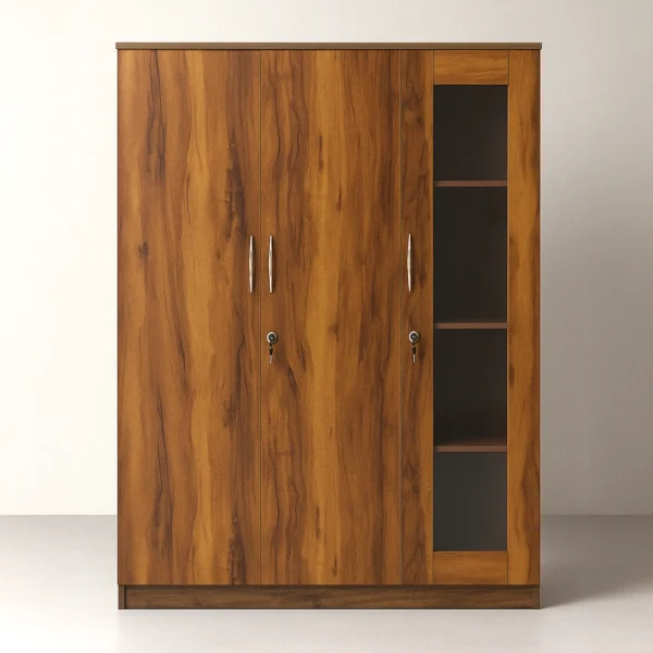 Valencia Showcase 3-Door Wardrobe with Glass Display Shelves – Honey Teak