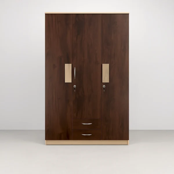 Venice Accent 3-Door Wardrobe with Dual Drawers – Dark Walnut & Champagne