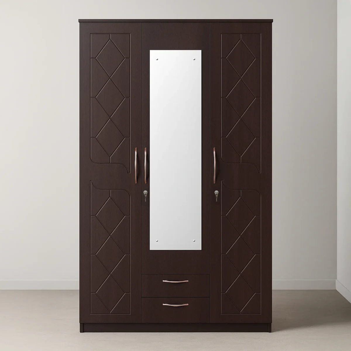 Verona Carve 3-Door Wardrobe with Full Mirror & Drawers – Dark Walnut