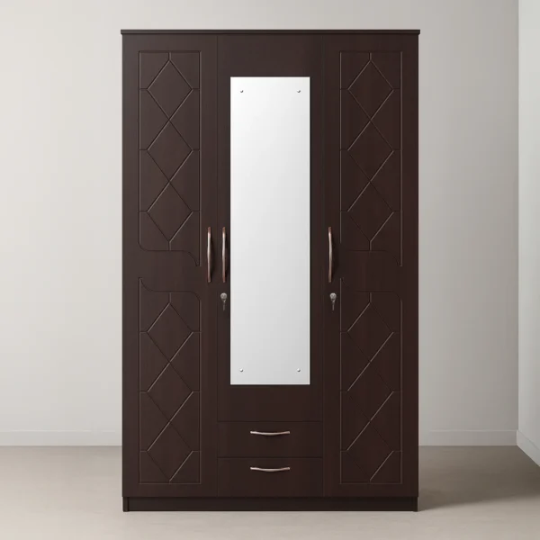 Verona Carve 3-Door Wardrobe with Full Mirror & Drawers – Dark Walnut