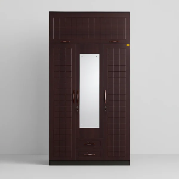 Vienna Loft Grid 3-Door Wardrobe with Mirror & Dual Drawers – Dark Wenge