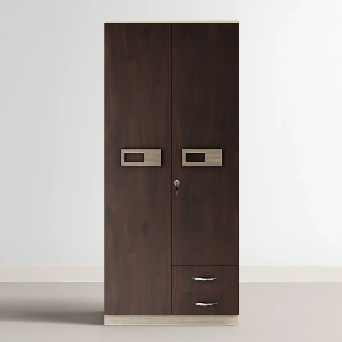 Modern Two-Tone 2-Door Wardrobe with External Drawers & Lock