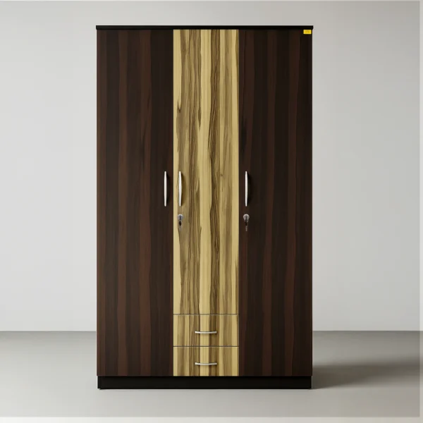 Zurich Stripe 3-Door Wardrobe with Dual Drawers – Chocolate Walnut & Natural Oak