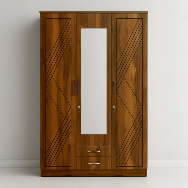 Athens Chevron Mirror 3-Door Wardrobe with Dual Drawers – Honey Teak