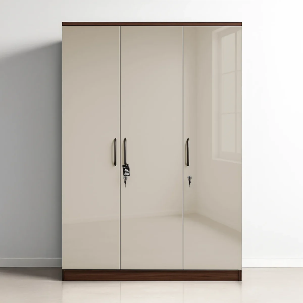Geneva Champagne Gloss 3-Door Wardrobe – Taupe Beige & Walnut Base