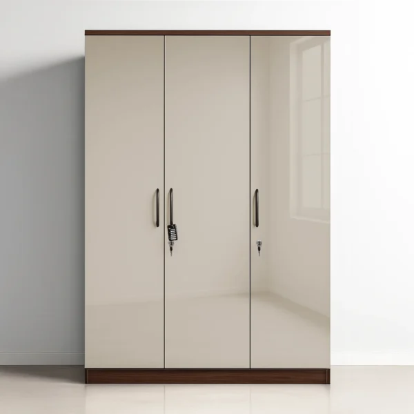 Geneva Champagne Gloss 3-Door Wardrobe – Taupe Beige & Walnut Base