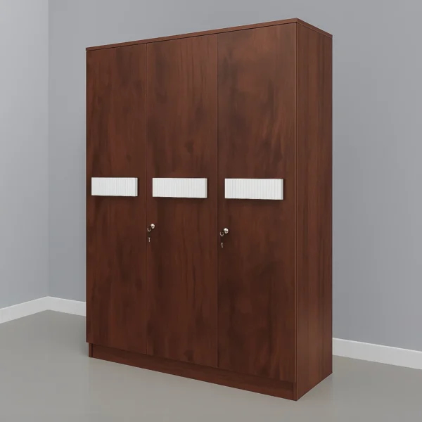 Geneva Ribbed Bar 3-Door Wardrobe with Lockable Doors – Mahogany Walnut & Ivory