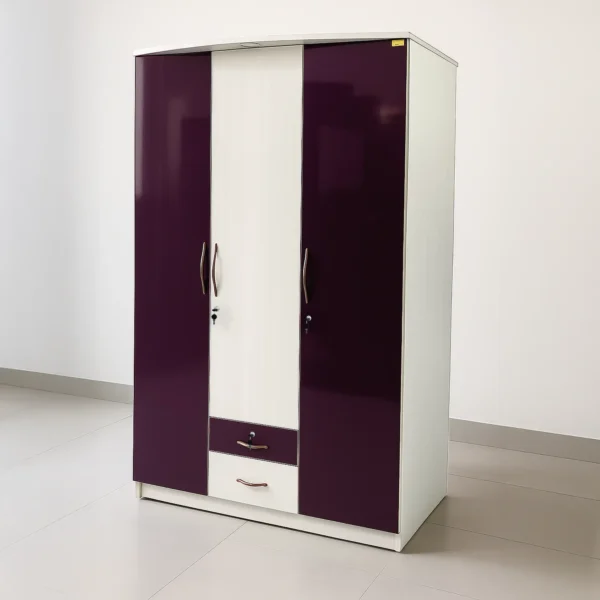 Milan PlumGlow 3-Door Wardrobe with Dual Drawers – Ivory & Plum