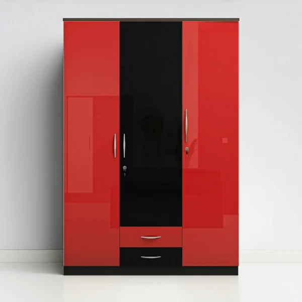 Monza High-Gloss 3-Door Wardrobe with Dual Drawers – Red & Jet Black