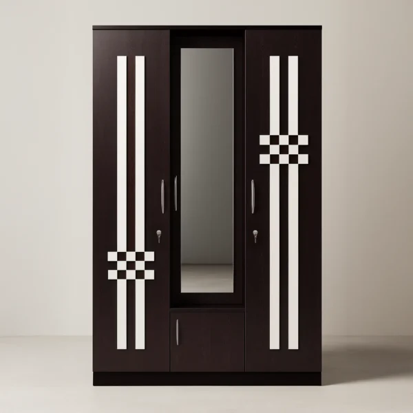 Prague Checkerline Mirror 3-Door Wardrobe with Niche Cabinet – Espresso & White