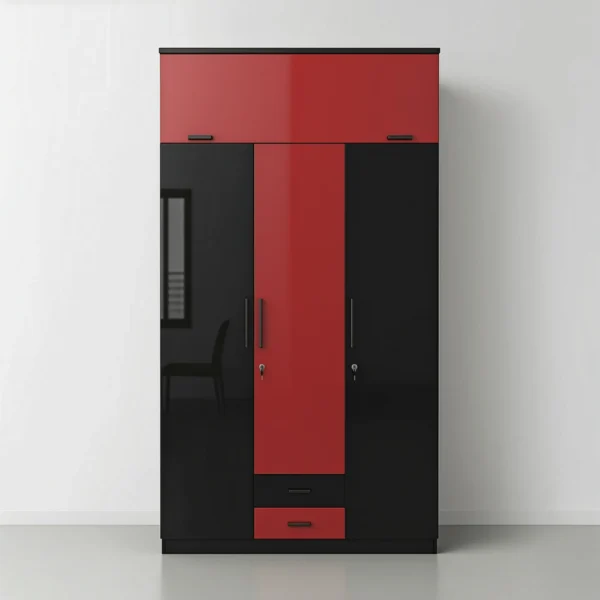 Torino High-Gloss Loft 3-Door Wardrobe with Dual Drawers – Red & Jet Black