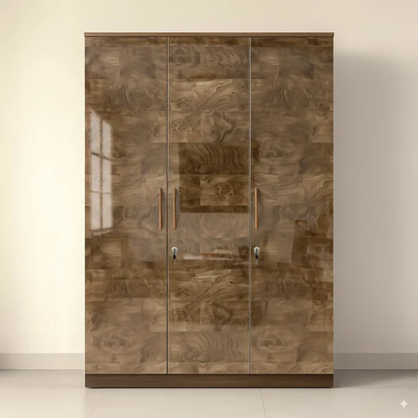Valencia Burlwood High-Gloss 3-Door Wardrobe – Caramel Walnut