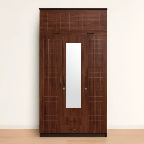 Zurich Loft Grid Mirror 3-Door Wardrobe with Dual Drawers – Walnut Brown