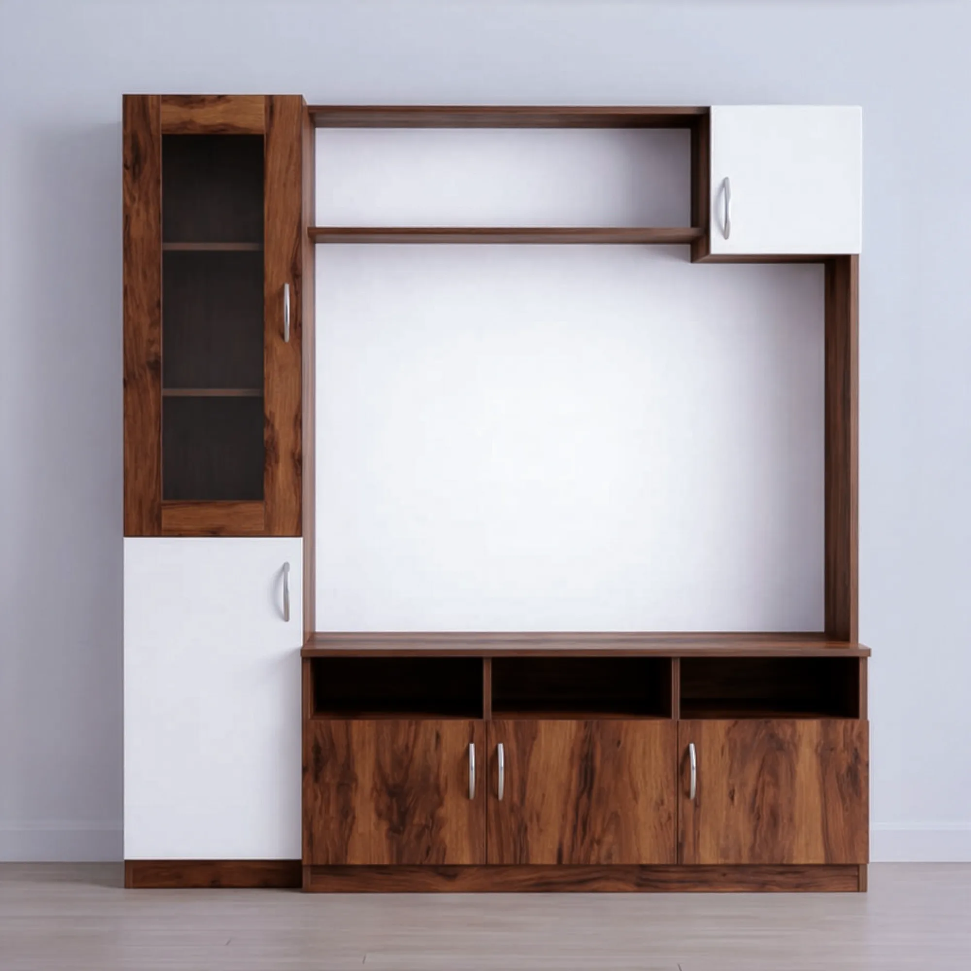 Aarvia WallNest TV Unit | Walnut & White TV Cabinet with Storage - Front View