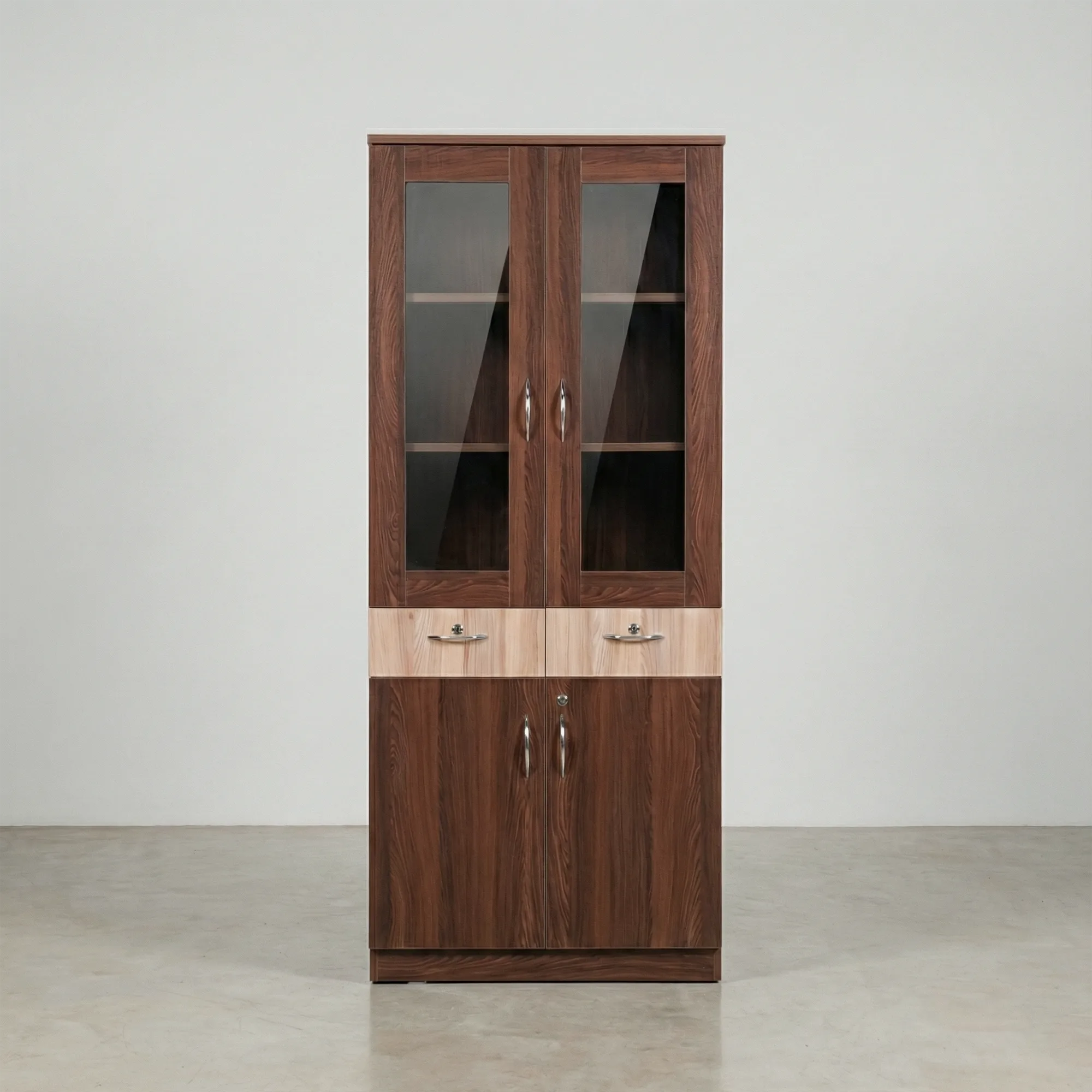 Aurelia DualGlass Bookshelf Cabinet | Walnut & Light Oak Storage Cabinet