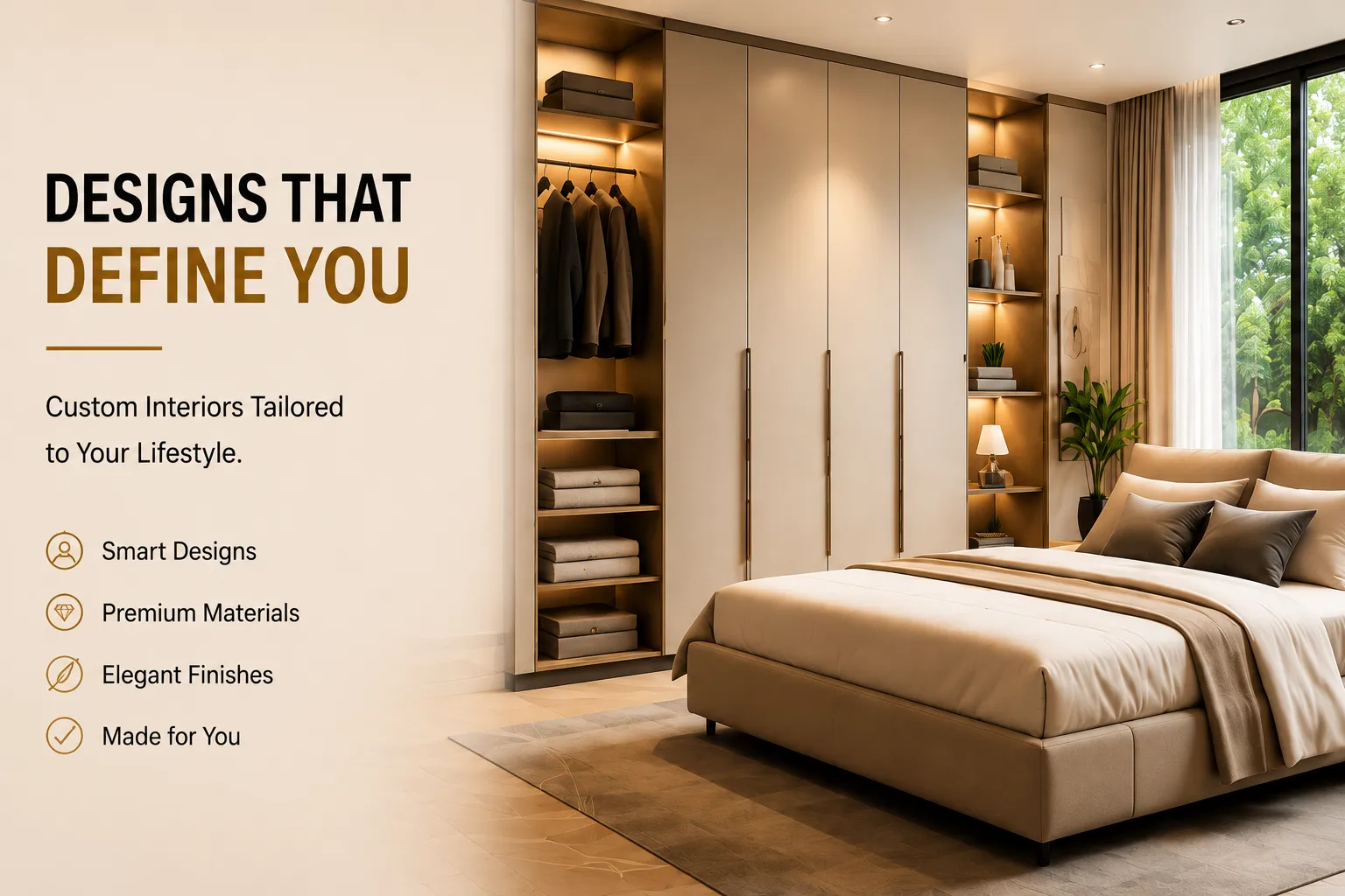 Elegant bedroom with custom wardrobe, premium storage shelves, soft lighting, and luxury furniture design by Sai Furntech