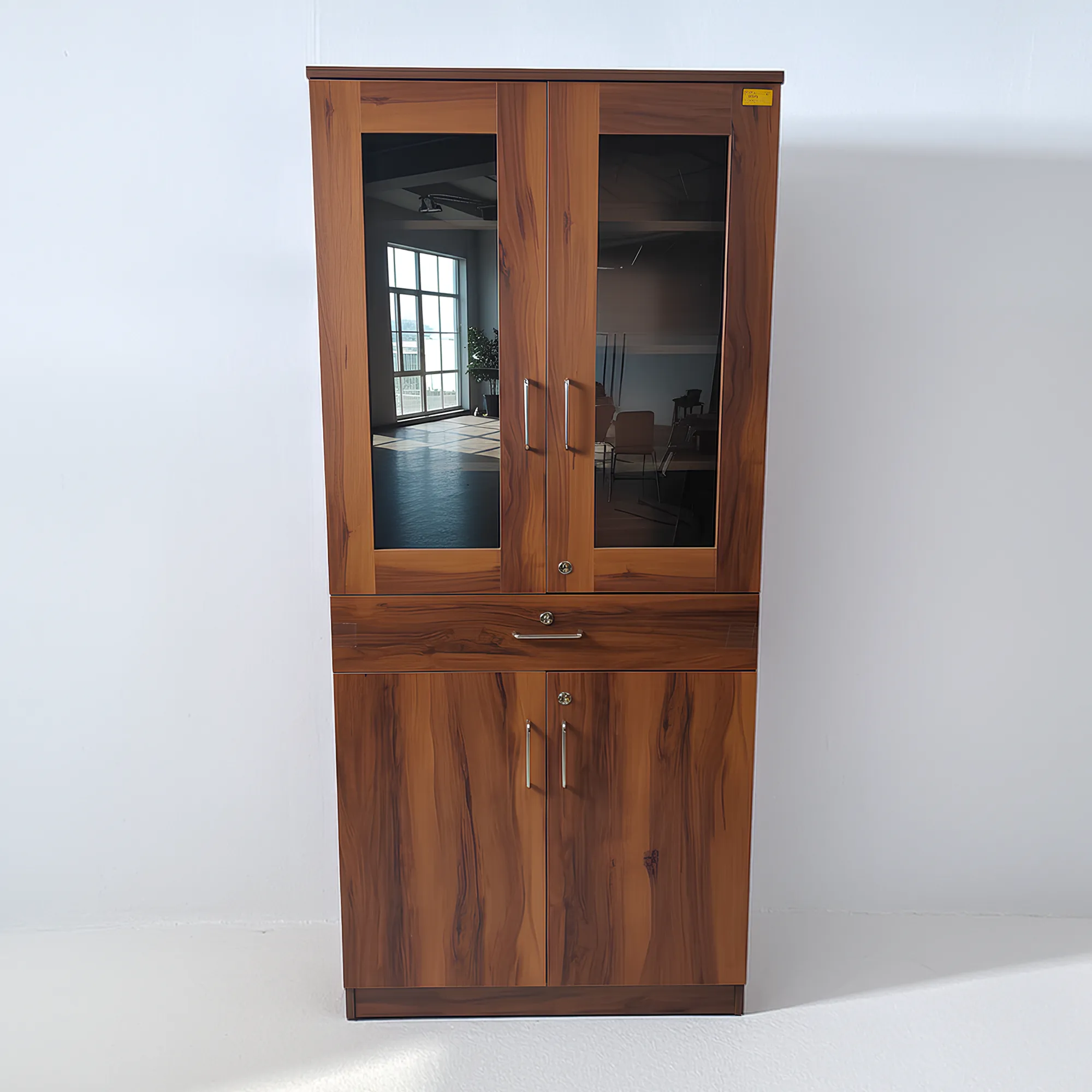 Elara GlassShelf Bookshelf Cabinet | Honey Walnut Book Storage Cabinet