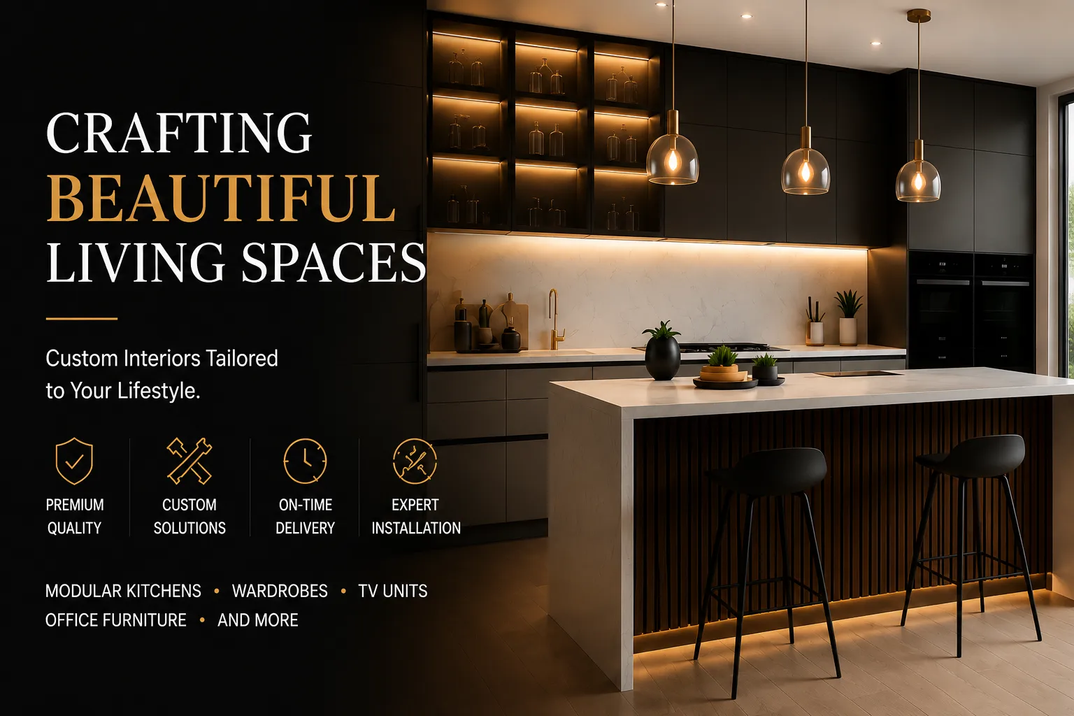 Modern modular kitchen with black cabinets, marble island, warm lights, and custom interior design by Sai Furntech