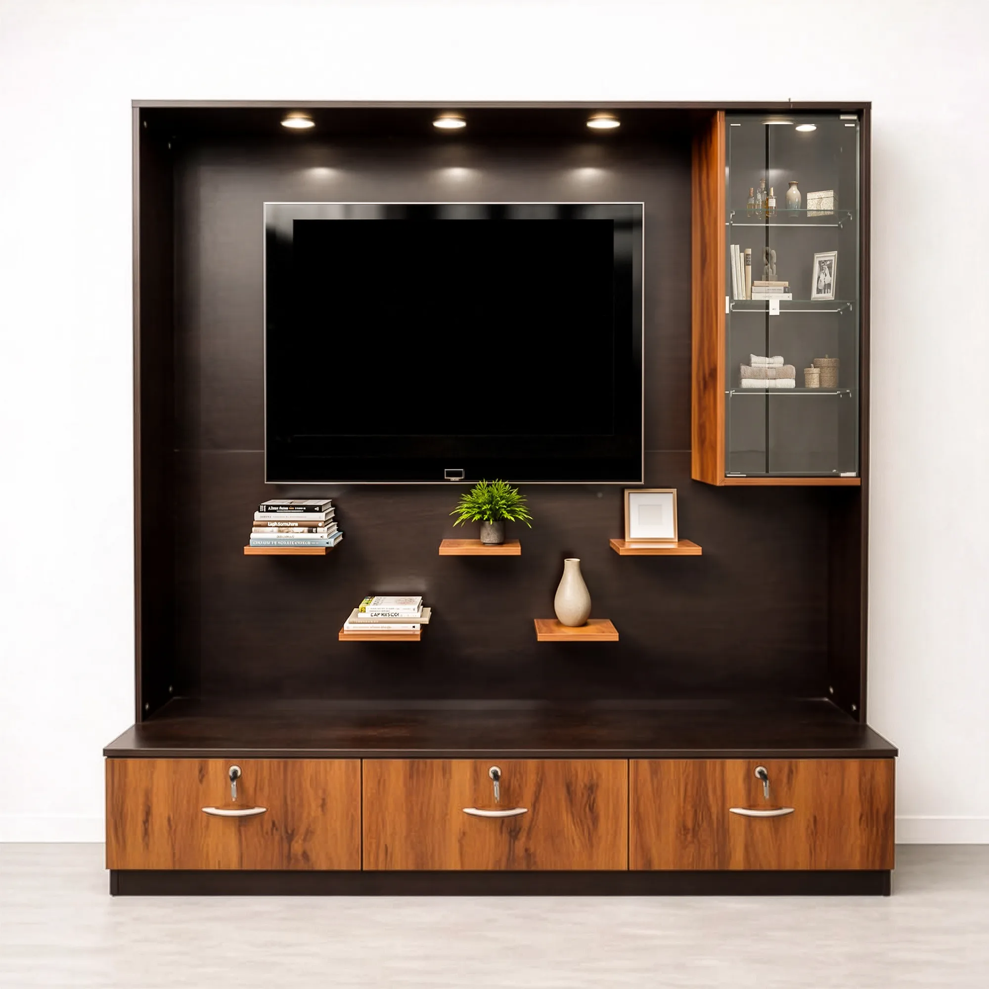 Lumos DisplayWall TV Unit | Wenge & Walnut TV Cabinet with Showcase