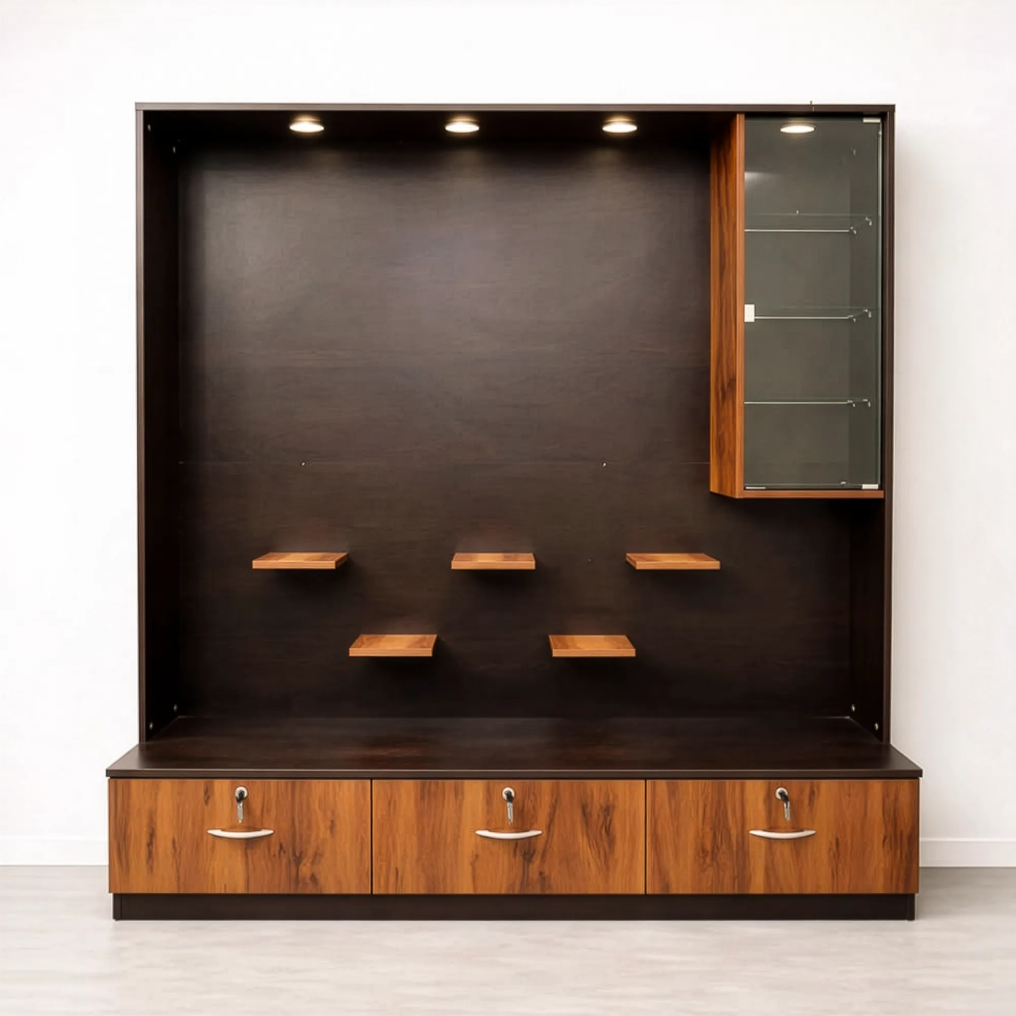 Lumos DisplayWall TV Unit | Wenge & Walnut TV Cabinet with Showcase - Front view