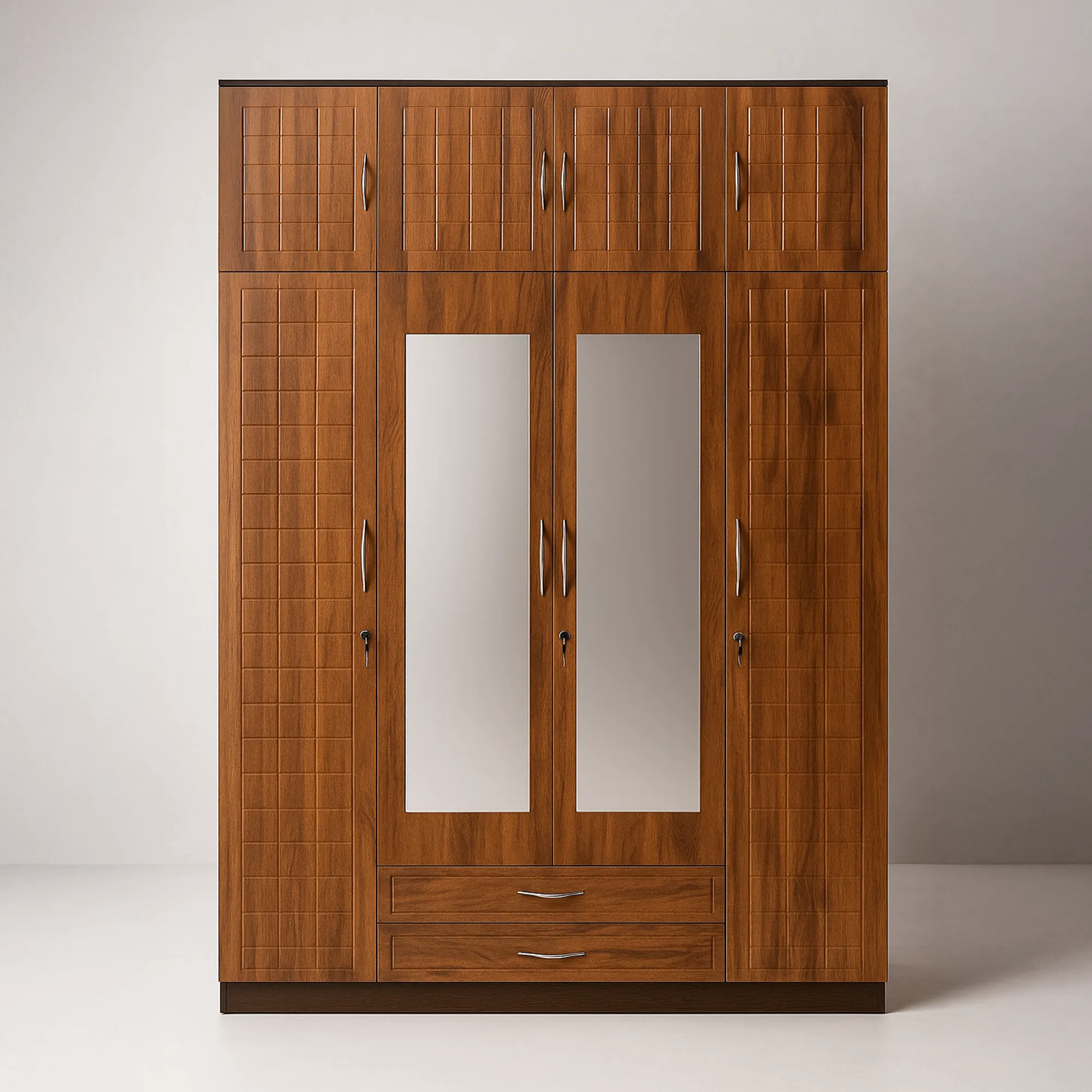 MirrorGrid 4 Door Wardrobe | Teak Finish Mirror Wardrobe