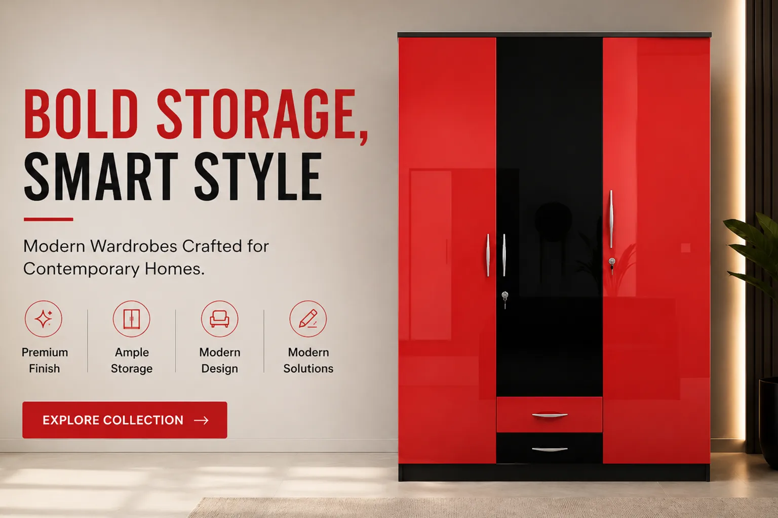 Red and black modern wardrobe with glossy finish, smart storage design, drawers, lockable doors, and premium bedroom furniture style.