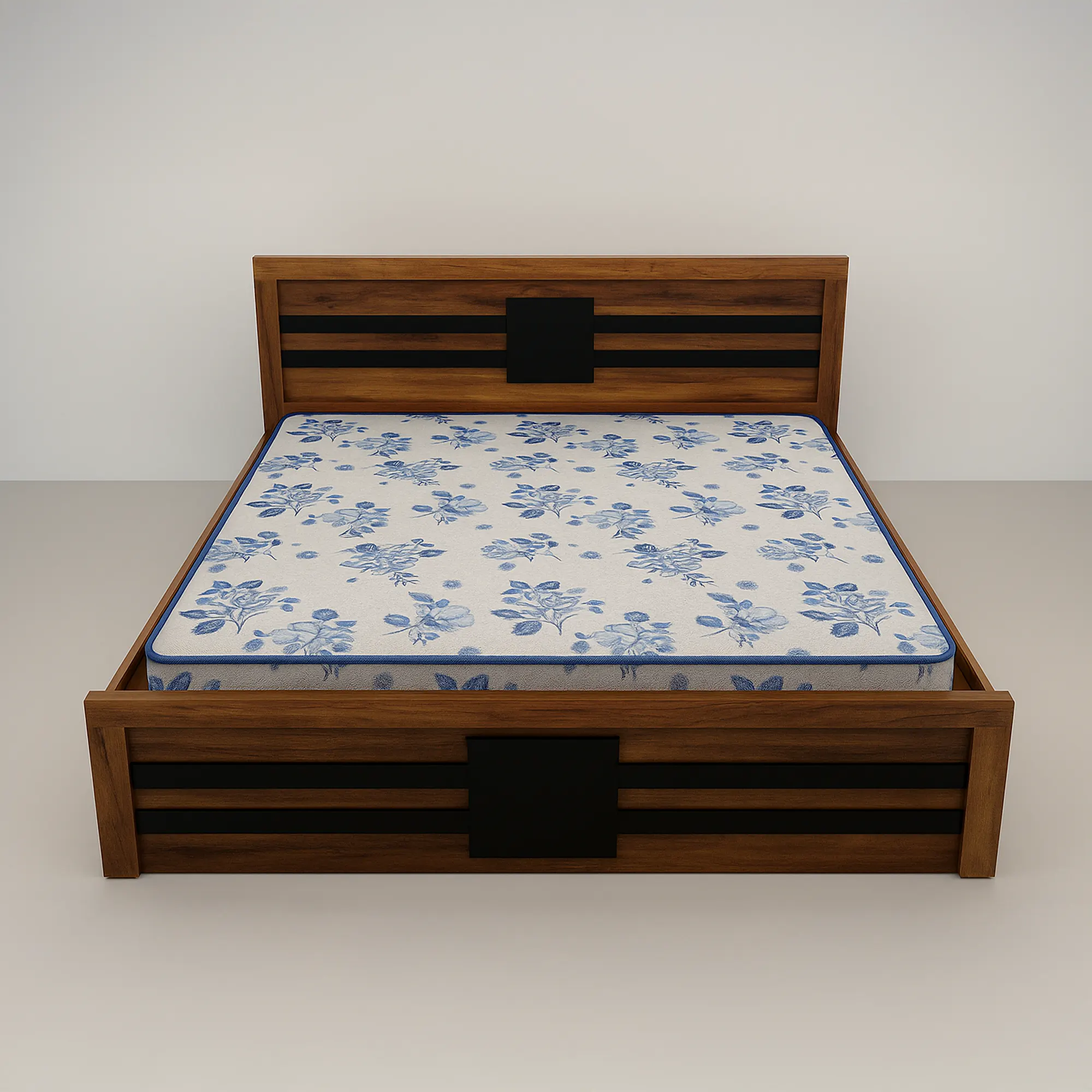 Riviera StripeSquare HDF Board Platform Bed | Honey Walnut Modern Bedroom Bed