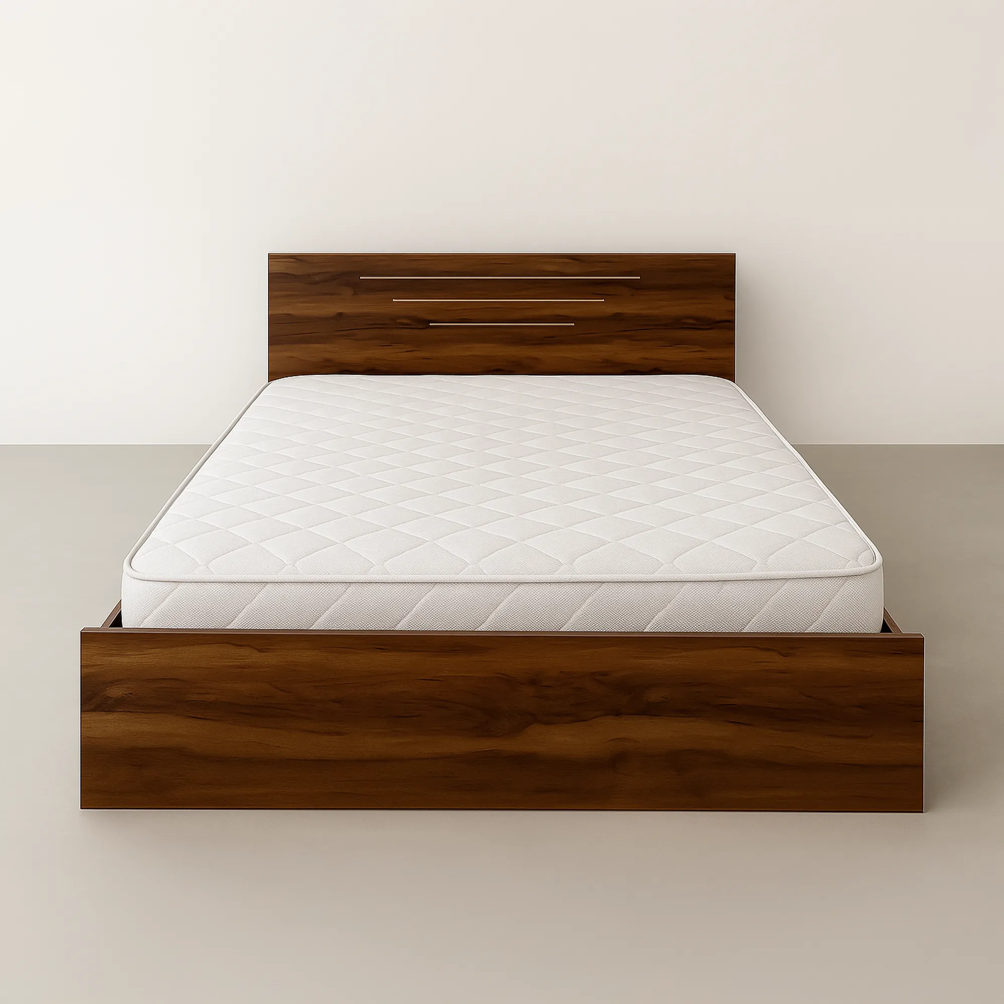 Siena Linea HDF Board Platform Bed in Walnut Finish | Modern Bedroom Bed with Slatted Headboard