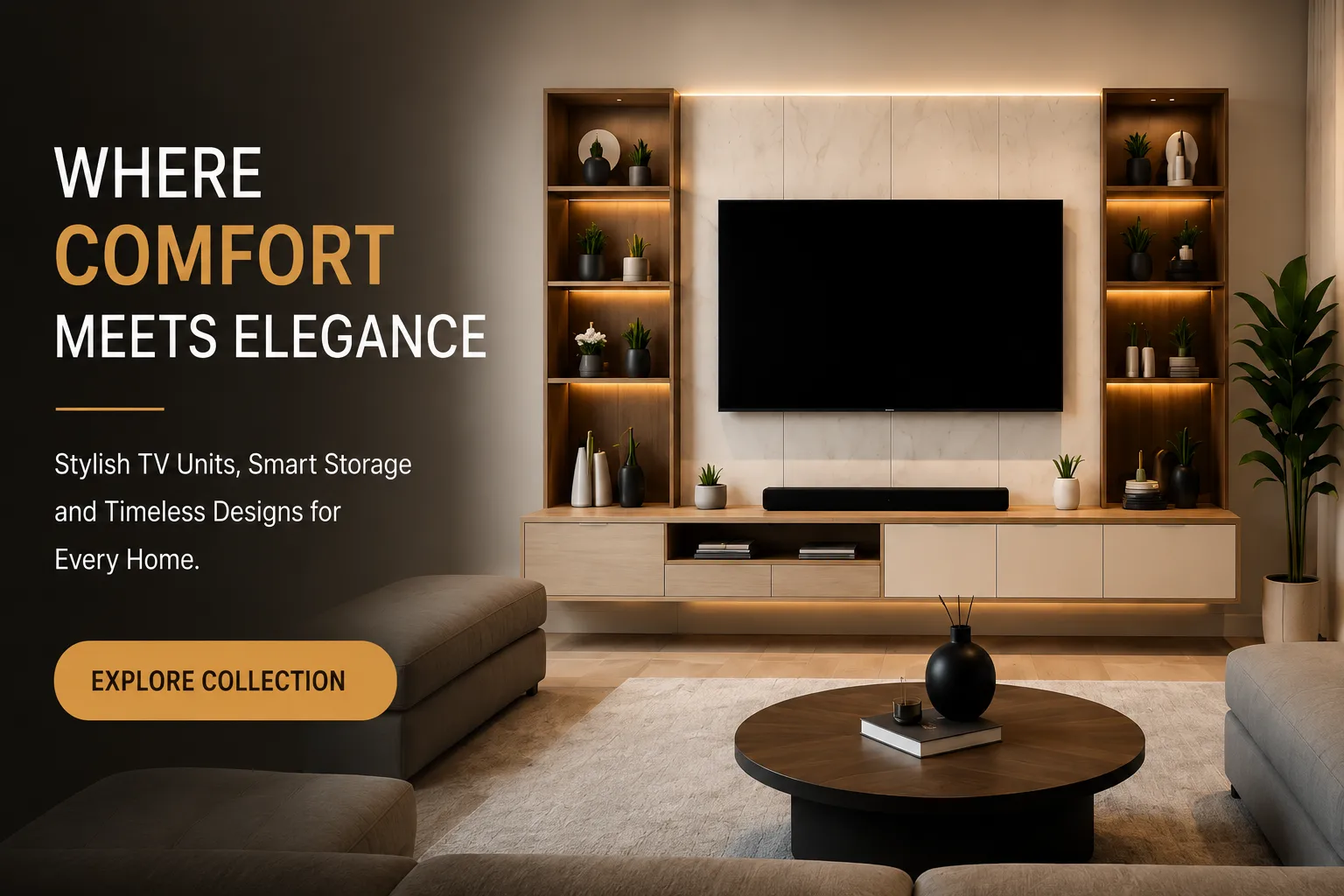 Modern living room with stylish TV unit, smart storage, wooden shelves, and warm luxury interior design
