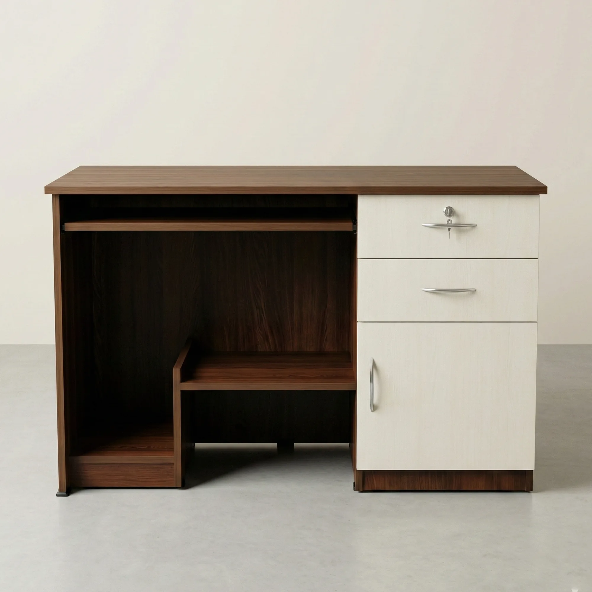 Venza WorkNest Office Table | Walnut & Ivory Computer Desk with Storage - Inner view